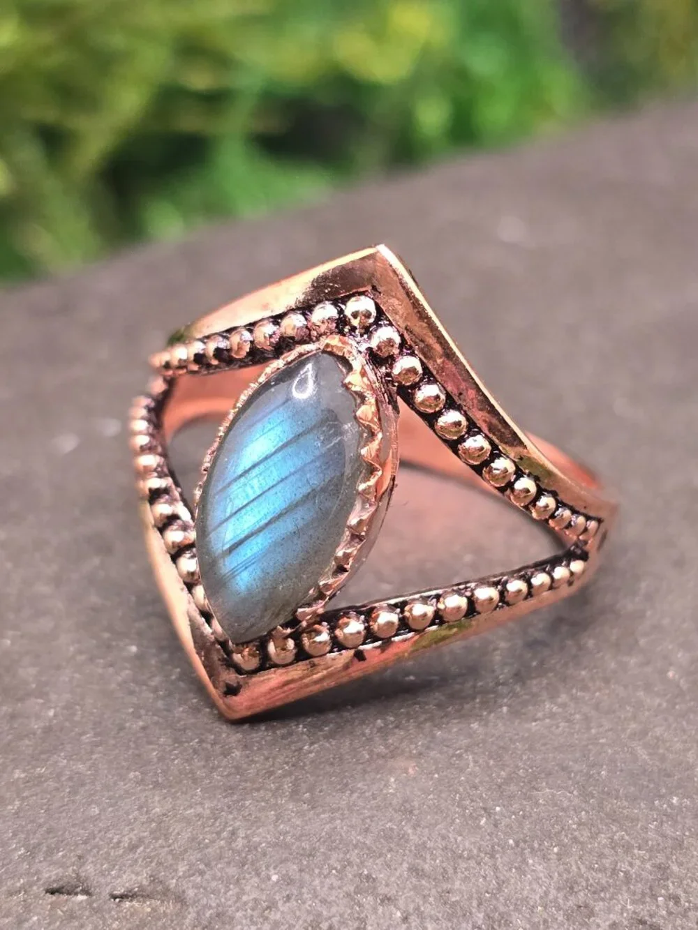 Labradorite Copper Marquise Ring Size 8.5 Blue Flash Gemstone Jewelry